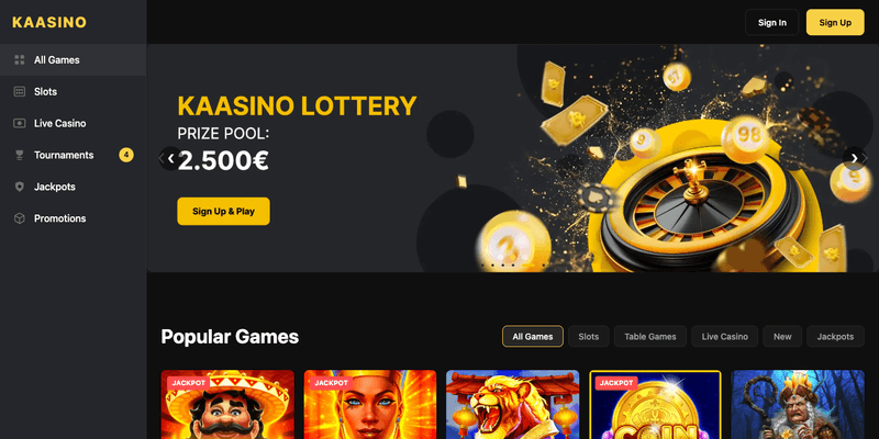 Kaasino website screenshot showing the game lobby and welcome offer