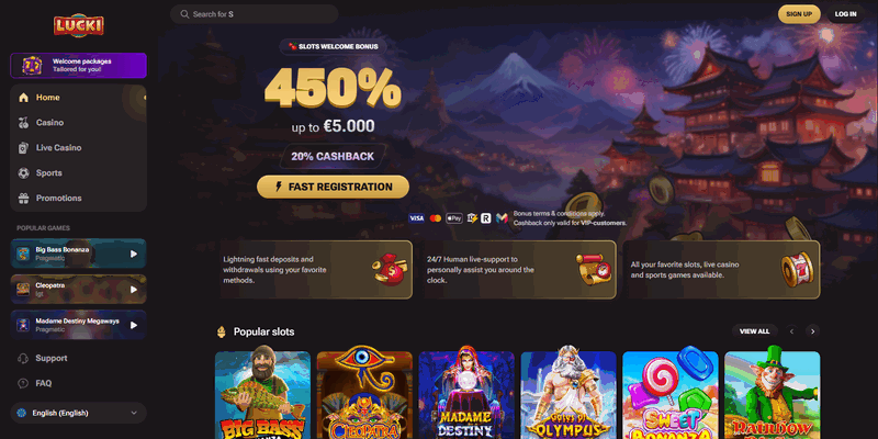 Lucki Casino website screenshot showing the homepage and game lobby