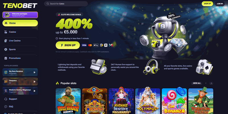 Tenobet website screenshot showing sportsbook and casino